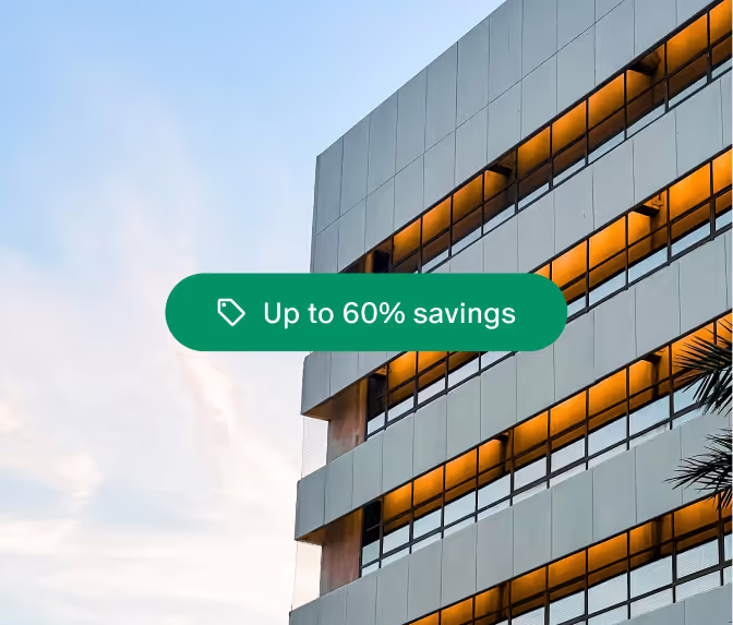 Save up to 60% label on top of a hotel